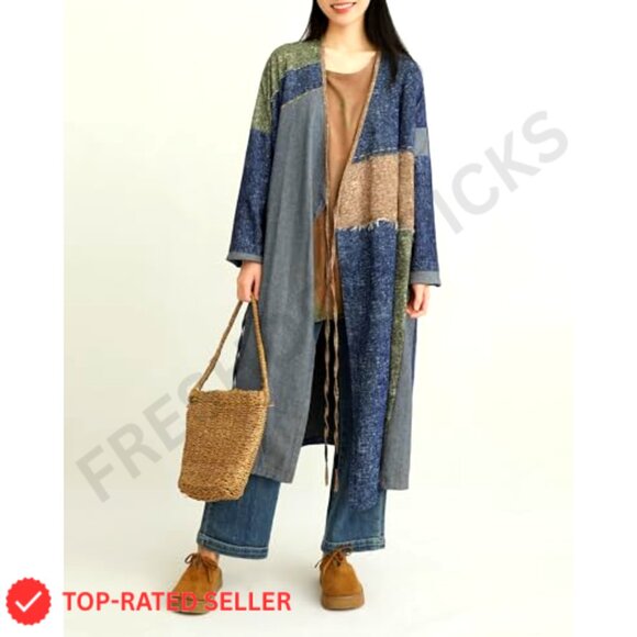 Denim Cardigan Jacket Long Sleeve Tie Waist Patchwork Design Casual Chic - Picture 2 of 7